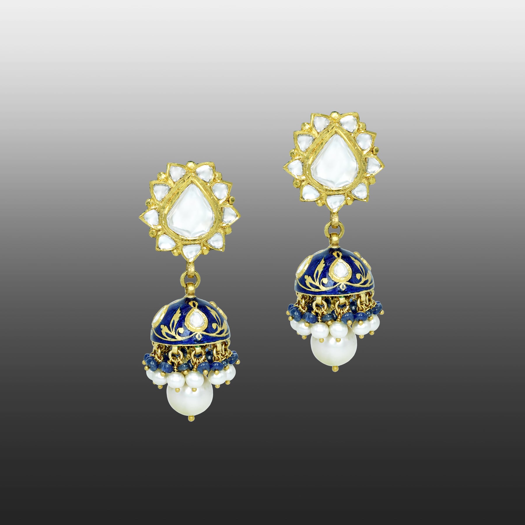 Jhumki Earrings with Blue Enamel, Polki Florals, and Pearl Details